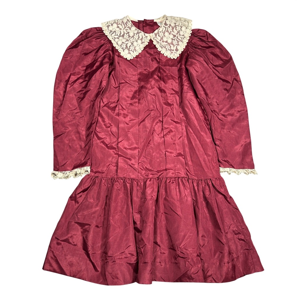Vintage Peaches n Cream Burgundy Lace Collar Drop Waist Dress Kids Size 10 4702H